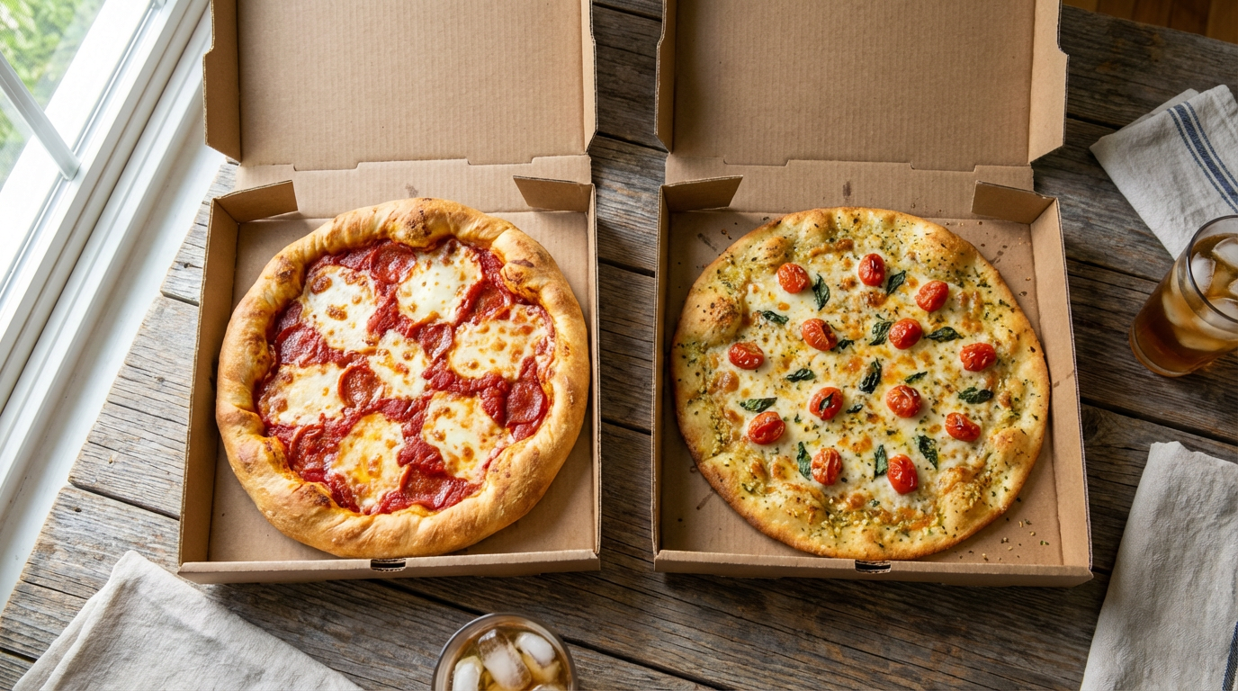 Side-by-side comparison of Pizza Pizza and Domino's delivery boxes